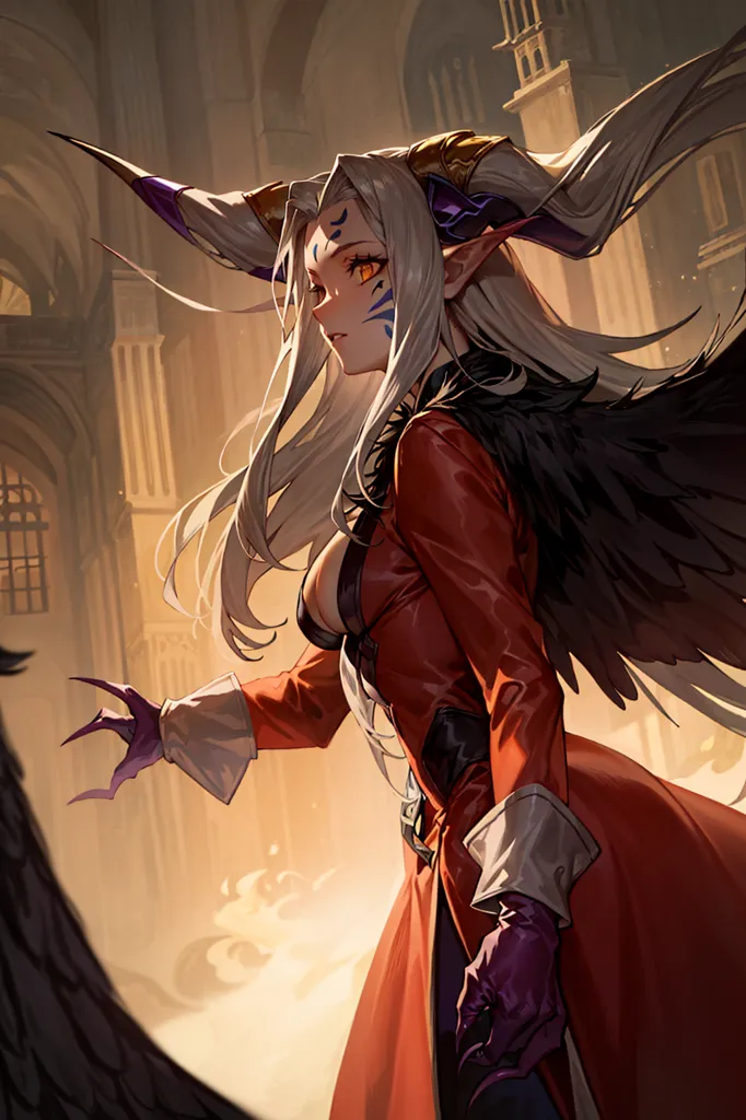 This is an image of a woman with long silver hair and red eyes. She has horns on her head and black wings. She is wearing a red dress with a white collar. She is standing in a dark room with a stone floor. There is a large window behind her.