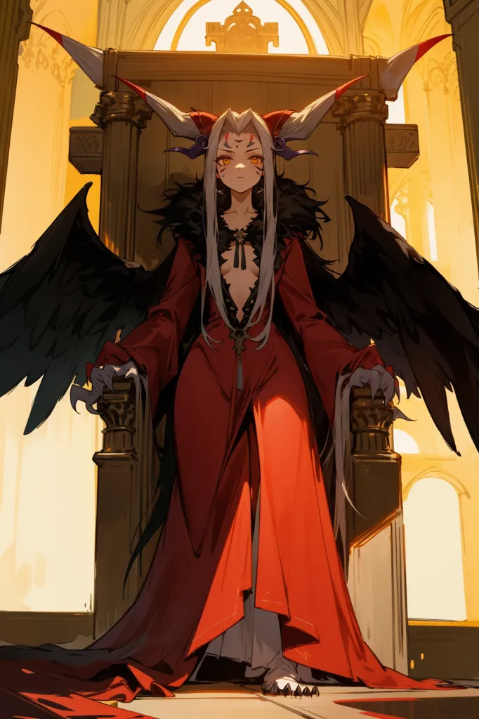 The image is of a woman with long black hair, red eyes, and black wings. She is wearing a red dress with a high collar and a long slit in the front. She is also wearing a crown and has a scepter in her hand. She is sitting on a throne in a large hall. The hall is decorated with red carpets and tapestries. There are also several statues of lions in the hall.