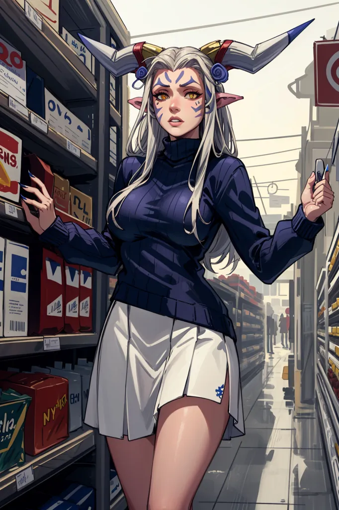 The image depicts a tall, slender, and attractive woman with fair skin, long silver hair, and blue eyes. She has two curved horns protruding from her head and pointed ears. She is wearing a blue turtleneck sweater, a white pleated skirt, and black boots. She is holding a small black object, possibly a phone, in her right hand. She is standing in a supermarket, looking at a shelf of goods. There are other people in the background, all of whom are human.