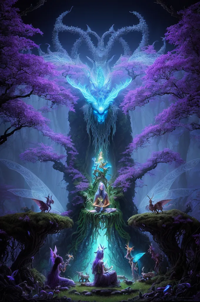 The image is a digital painting of a forest with a tree spirit. The tree spirit is a large, blue creature with the head of a deer and the body of a tree. It is surrounded by purple flowers and trees. There are also several fairies flying around the tree spirit. The fairies are all different colors and have different wings. The image is very detailed and has a lot of vibrant colors.