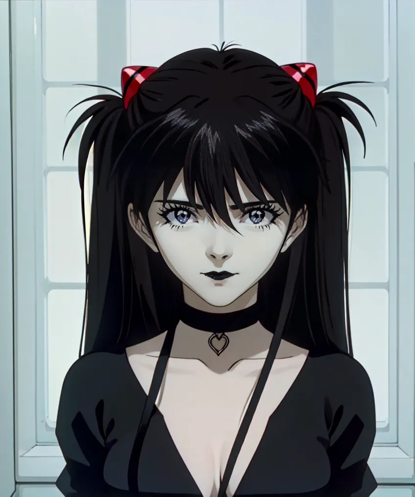 The image is a painting of a young woman with long black hair. She is wearing a black dress with a white collar. The woman's eyes are dark and mysterious. She is wearing a black choker with a red heart-shaped pendant. The background is a pale blue.