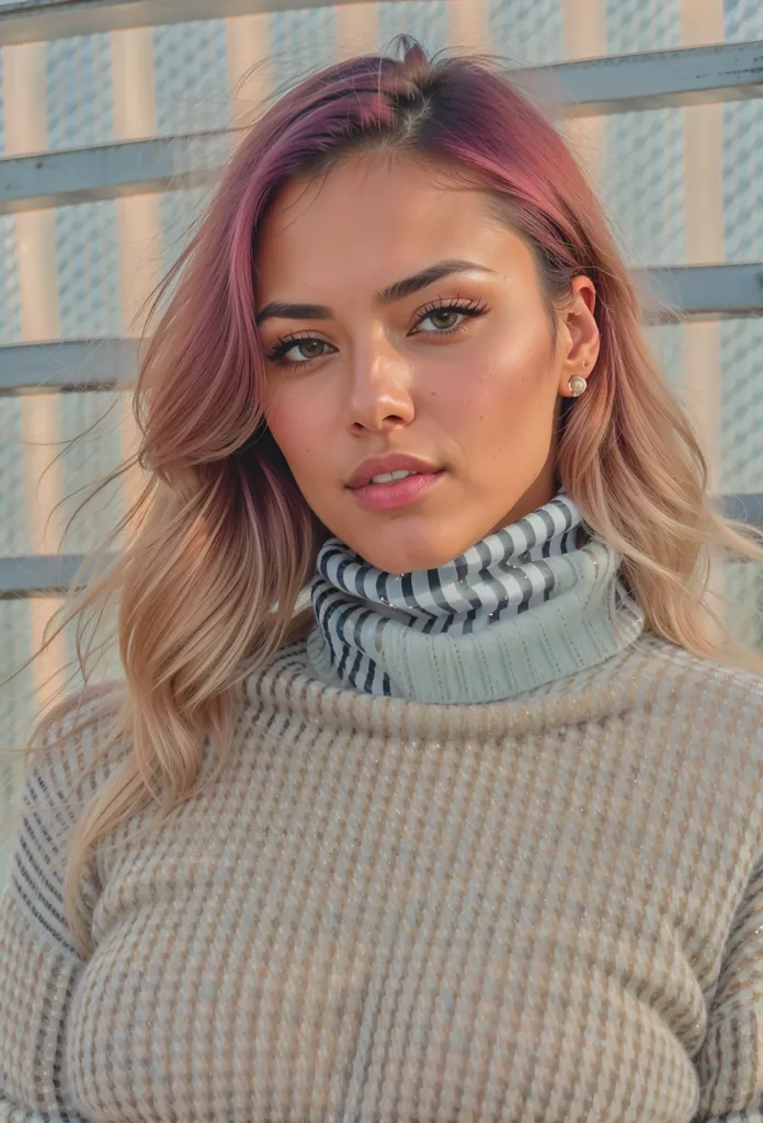 Gambar ini menunjukkan seorang wanita muda dengan rambut panjang bergelombang. Rambut bagian bawahnya berwarna pink muda dan bagian atas berwarna pirang. Dia mengenakan sweater turtleneck berwarna coklat muda. Kerah sweaternya dilipat ke atas di sekitar lehernya. Dia menatap kamera dengan ekspresi serius. Dia mengenakan anting perak kecil di telinga kirinya. Riasannya natural, dengan perona pipi warna pink muda dan lipstik berwarna nude. Dia memiliki bulu mata panjang dan gelap.