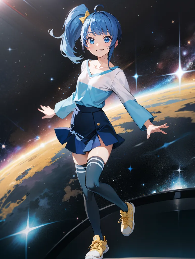 This is an image of an anime girl with long blue hair and blue eyes. She is wearing a white and blue shirt, a blue skirt, and yellow sneakers. She is standing on a platform in space, with a planet in the background. There are stars all around her. The girl is smiling and has her arms outstretched.