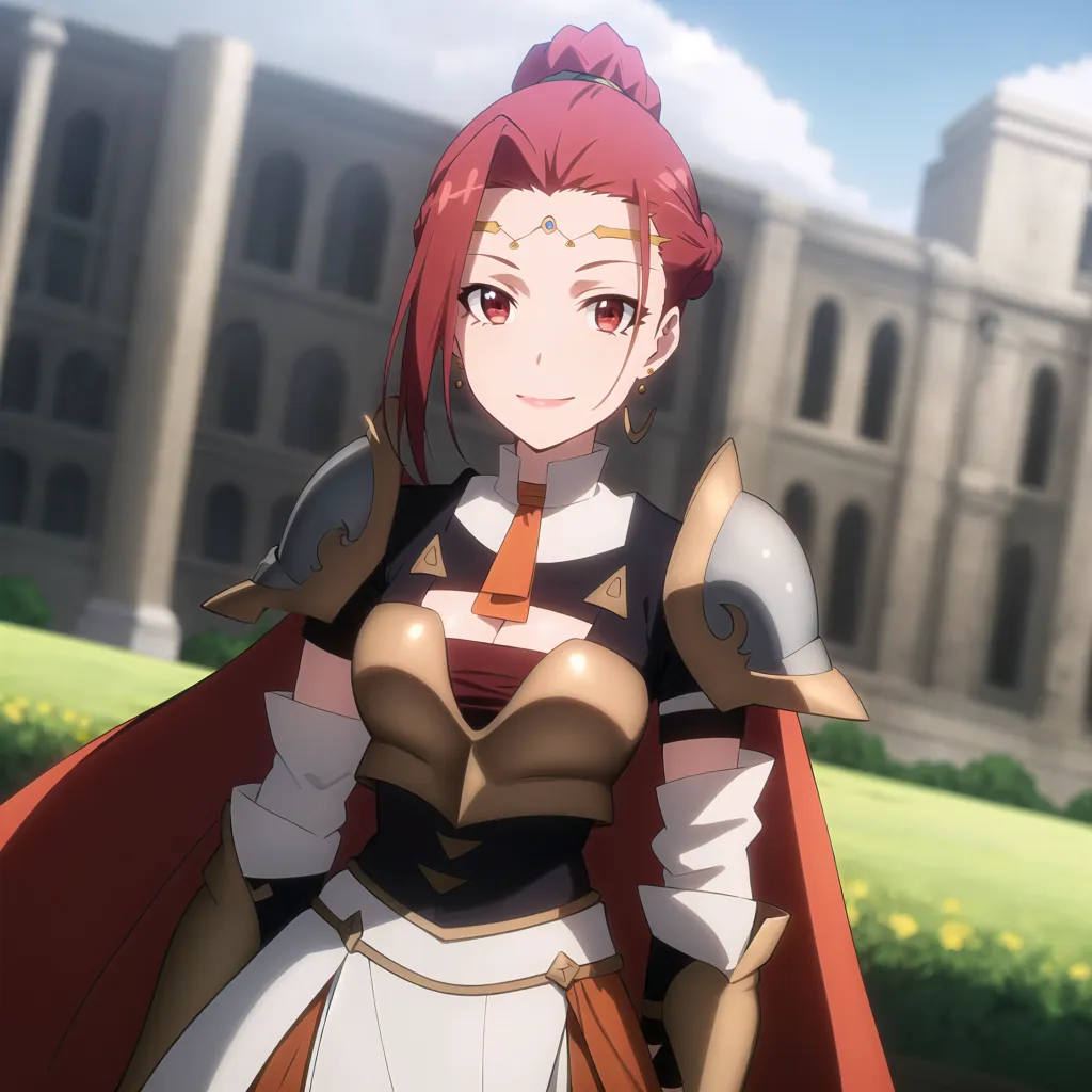 This image shows a young woman with red hair and red eyes. She is wearing a white and brown outfit with a red cape. She is also wearing a breastplate and a helmet. She is standing in front of a castle.