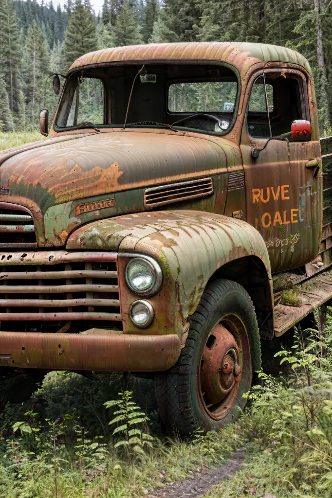 A imagem mostra um caminhão velho e enferrujado abandonado na floresta. O caminhão está pintado de verde e marrom. A palavra "RUV" está escrita na porta. O caminhão está cercado por grama alta e árvores. O caminhão está em mau estado. A pintura está descascando e os pneus estão furados. As janelas estão quebradas e o interior está danificado.