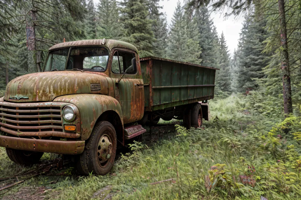 Um caminhão verde enferrujado está abandonado em uma floresta. O caminhão é um Chevrolet da década de 1950 e tem uma carroceria com um recipiente de metal. O caminhão está cercado por grama alta e árvores. A imagem é tirada de um ângulo baixo, fazendo o caminhão parecer maior do que realmente é. O caminhão está em mau estado, com ferrugem e danos na carroceria e na carroceria. A imagem é uma natureza-morta, sem movimento na cena.