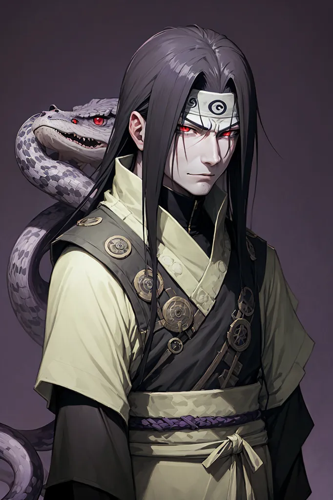 The image is of a man with long black hair and red eyes. He is wearing a white shirt with a black vest and a purple belt. He has a snake coiled around his neck and shoulder. The background is grey.