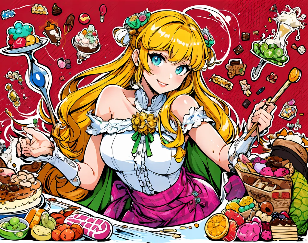 The image is of a young woman with long, flowing yellow hair. She is wearing a white dress with a green sash and a pink apron. She is standing in front of a large table filled with food and sweets. She has a large spoon in her right hand and is holding a bowl in her left hand. The background is red and there are various food items and candies floating around her.