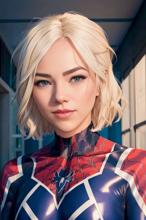 The image is a photo of a young woman with short blonde hair and blue eyes. She is wearing a red and blue Spider-Man suit. The background is blurred.