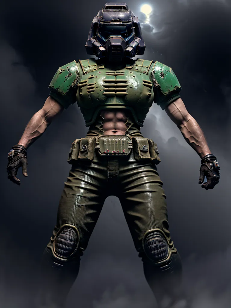 The image is a digital painting of a female version of the Doom Slayer from the Doom video game series. She is wearing a green and gray armor with a helmet and is holding a gun. She is standing in a dark room with a bright light in the background. The painting is very detailed and realistic.