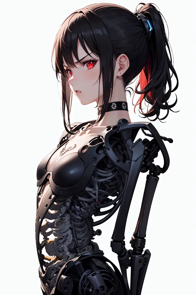 The image is a portrait of a young woman with long black hair and red eyes. She is wearing a black choker and a black bodysuit with a metallic exoskeleton. Her expression is serious and determined. The background is white and there is a close up on her upper body.