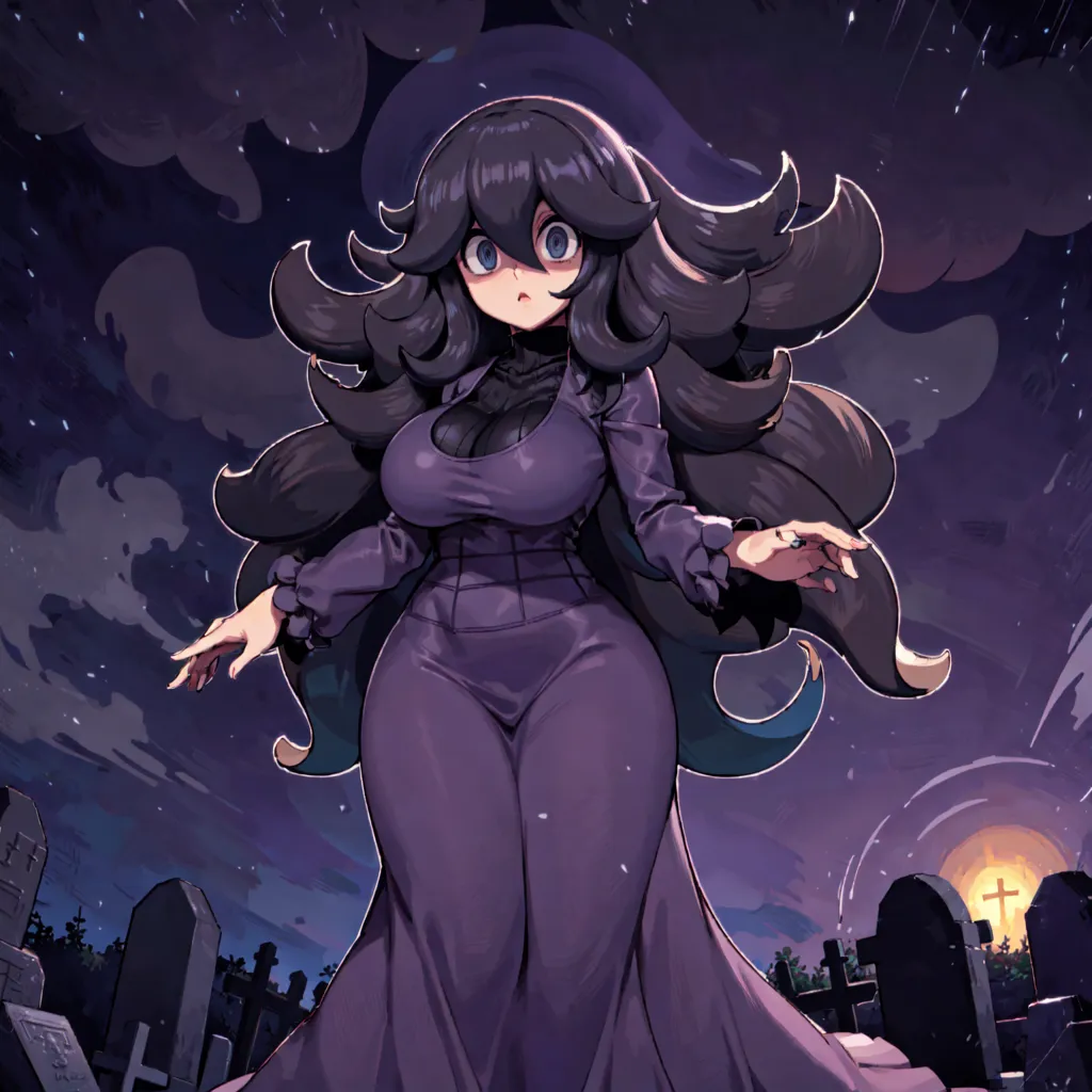 The image is of a tall, slender woman with long, black hair and purple eyes. She is wearing a purple dress with a high collar and a long skirt. She is also wearing a black hat with a wide brim. The woman is standing in a graveyard, and there is a full moon in the background. The woman has a sad expression on her face, and she appears to be looking at something or someone.