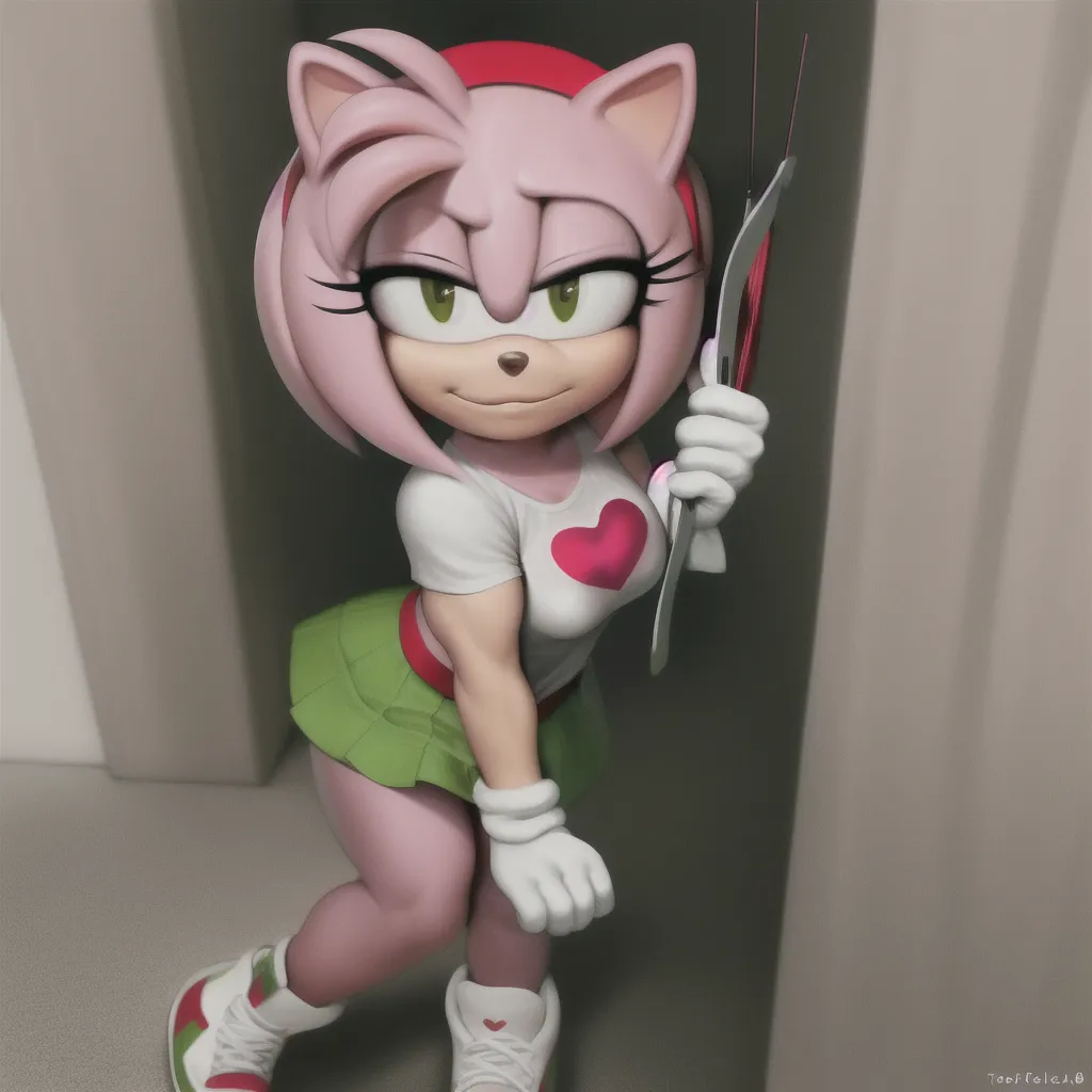 The image shows a pink anthropomorphic hedgehog with green eyes. She is wearing a white shirt with a red heart on it, a green skirt, and red and white sneakers. She is also wearing white gloves. She is standing in a doorway, and she is looking at the viewer with a sly expression on her face.