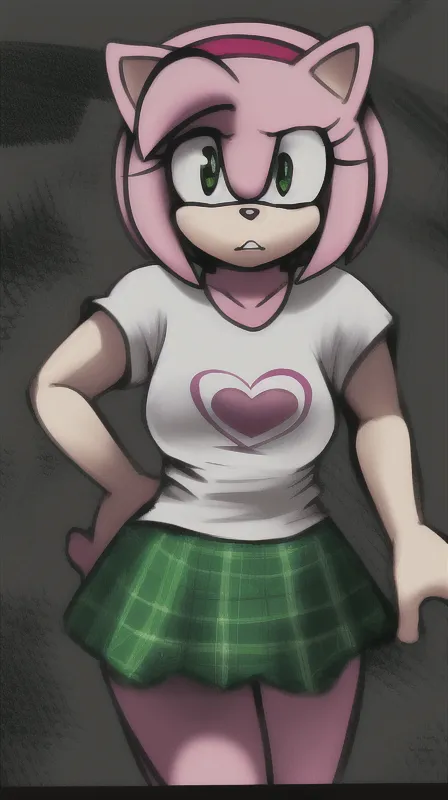 The image is of Amy Rose from the Sonic the Hedgehog series. She is depicted as a young woman with pink fur, green eyes, and a long pink tail. She is wearing a white shirt with a pink heart on it and a green pleated skirt. She is standing with her hands on her hips and has a curious expression on her face. The image is drawn in a realistic style and the colors are vibrant and saturated.