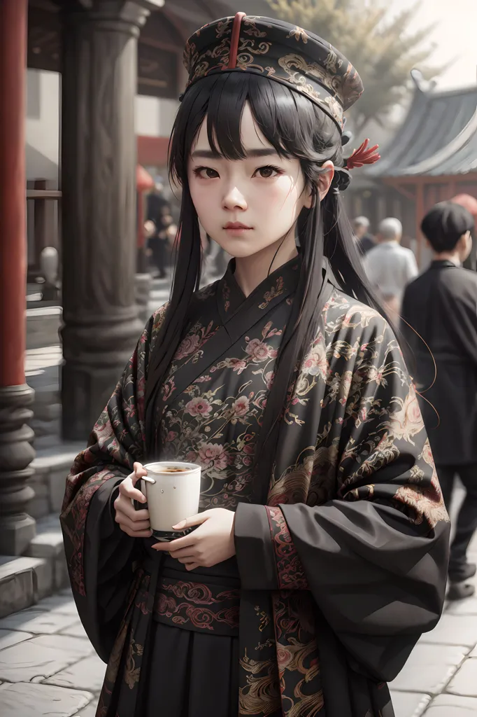 The picture shows a young woman wearing a traditional Chinese dress, a black hat with red details, and a red ribbon in her hair. The dress has a floral pattern and black sleeves. She is holding a cup of tea in her hands. There are blurred people walking in the background.