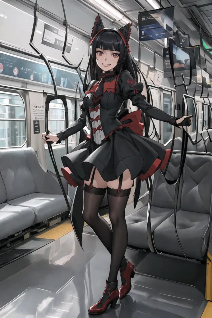 The image depicts a young woman standing in a train car. She is wearing a black and red Gothic-style dress with a corset and a long skirt. She is also wearing black stockings and red boots. Her long black hair is styled with cat ears and she has red eyes. She is standing with her hands on the handles in the train car, looking at the camera with a slight smile on her face.