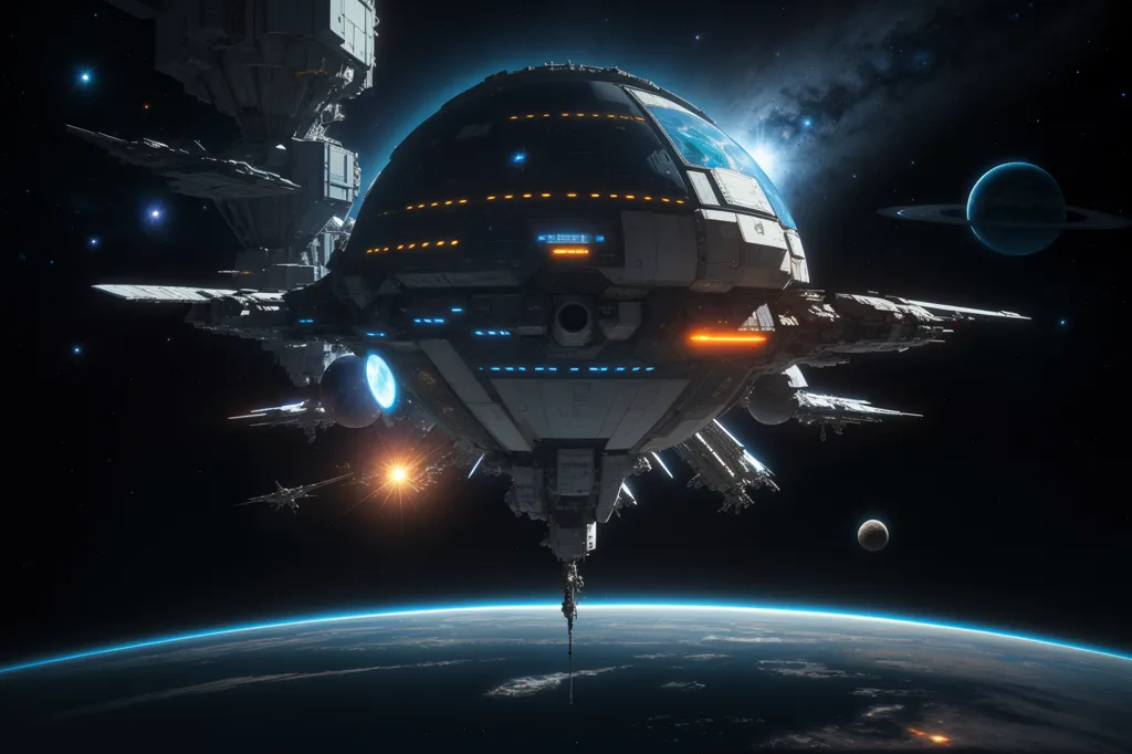 The image shows a large, spherical spaceship in space. It has a large, circular window on the front and several smaller windows on the sides. There are also a number of smaller ships flying around it. The spaceship is white and gray, and it has a sleek, futuristic design. The background of the image is a starry night sky, with a planet in the distance.