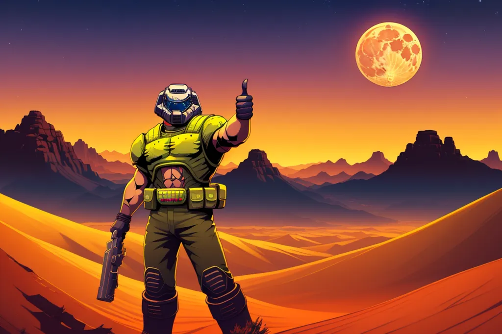 The image is a digital painting of the Doom Slayer, a character from the Doom video game series. He is standing in a desert landscape, with a large moon in the background. The Doom Slayer is wearing his signature green armor and helmet, and he is holding a shotgun in his right hand. He is giving a thumbs-up with his left hand. The painting is done in a realistic style, and the colors are vibrant and saturated.