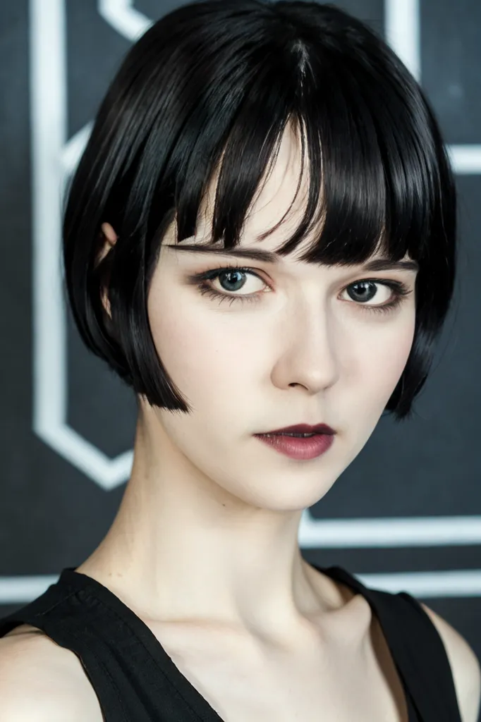 The picture shows a young woman with a black background with white geometric shapes. She has short black hair with bangs and is wearing dark makeup. She is looking at the camera with a serious expression.