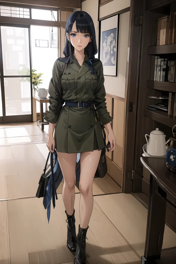 L'image montre une jeune femme debout dans une maison traditionnelle japonaise. Elle porte une robe de style militaire verte avec une ceinture et des bottes noires. Elle a une écharpe bleue autour du cou et porte un sac à main noir. La maison a des sols et des murs en bois, avec un tatami au sol. Il y a un vase avec une plante, une peinture murale et un service à thé sur une table.