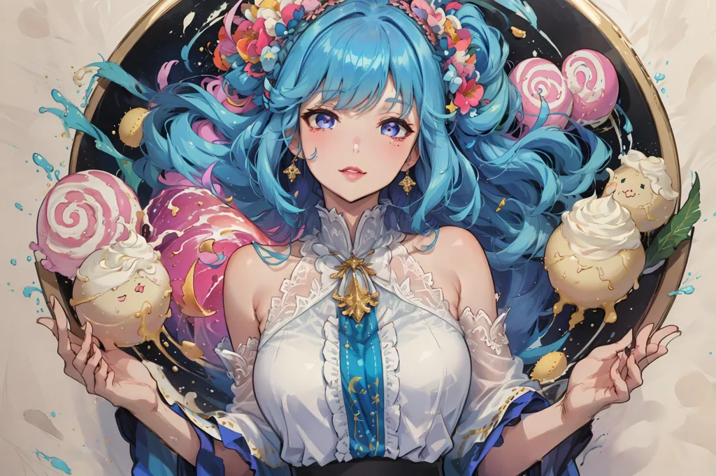 The picture shows a young woman with long blue hair and blue eyes. She is wearing a white dress with a blue sash and has a gold necklace around her neck. She is also wearing a wreath of flowers in her hair. She is holding a plate with a large cream puff on it and is surrounded by other cream puffs and small animals. The background is a light pink color.