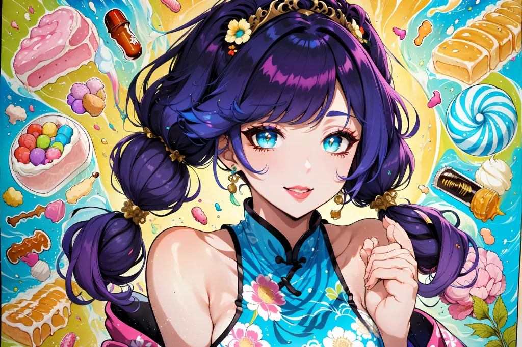 The image shows an anime girl with purple hair and blue eyes. She is wearing a blue cheongsam with pink and white flowers. There are many colorful candies and snacks floating around her. She has a gentle smile on her face and is looking at the viewer.