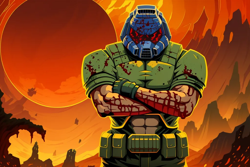 The image is a digital painting of the Doom Slayer, a character from the Doom video game series. He is depicted as a muscular man wearing green armor and a helmet with a red visor. His arms are crossed in front of his chest, and he is standing in a rocky landscape with a large moon in the background. The painting is done in a realistic style, and the colors are vibrant and saturated.