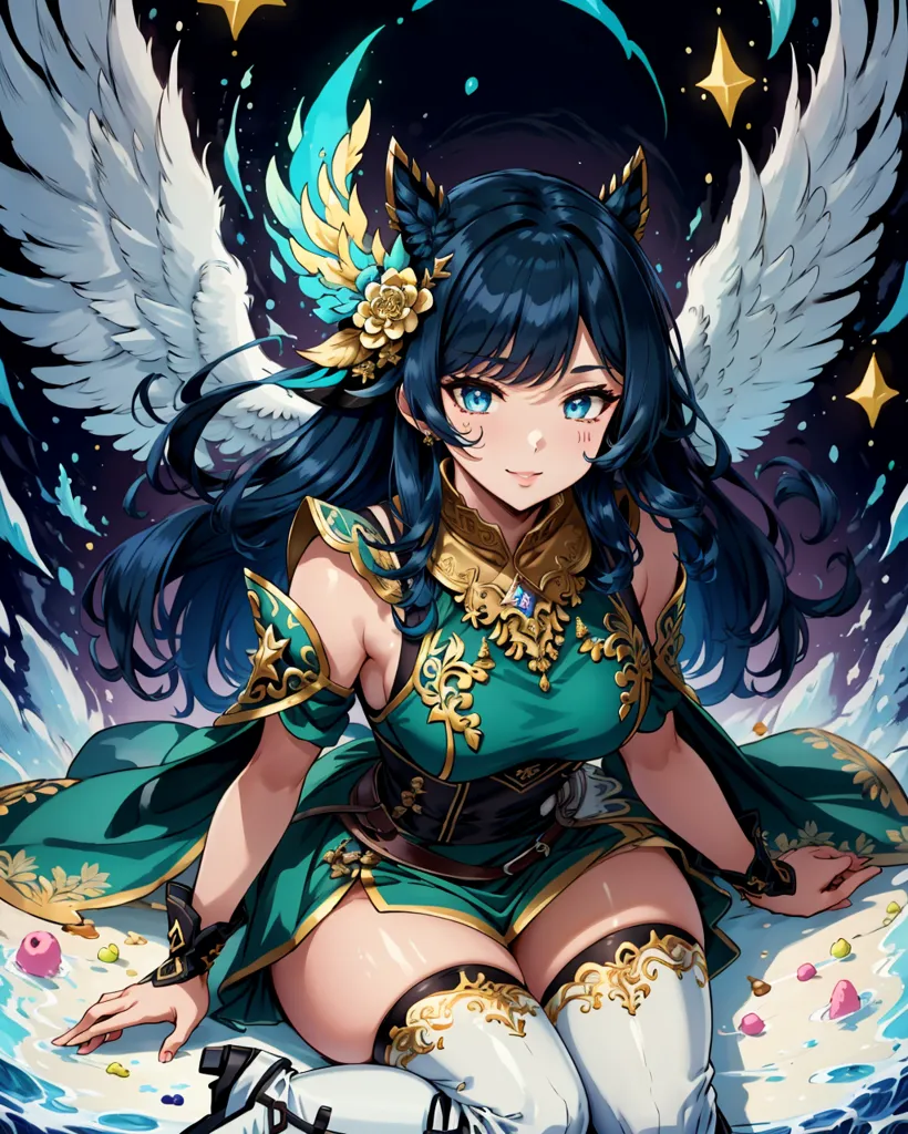 The image is of an anime-style girl with long blue hair and green eyes. She is wearing a green and gold outfit with a white cape. She has white and blue wings and is sitting on a pile of candy. The background is a dark blue night sky with stars.