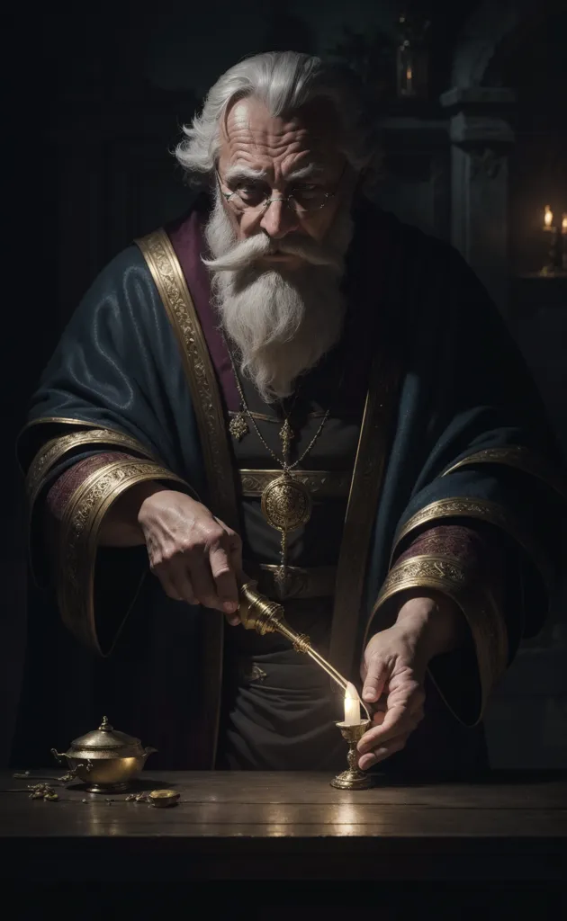 The image shows an old man with long white hair and a long white beard. He is wearing a dark blue robe with gold trim. He is standing in a dark room, with only a single candle to provide light. He has his hands cupped around the candle flame. He has a serious look on his face.