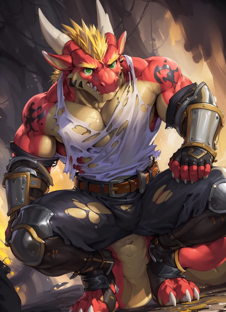 The image is of a muscular red dragonborn wearing a white tank top and black pants. The dragonborn is kneeling on one knee, with his right hand on his knee and his left hand on the ground. He has a determined expression on his face, and his eyes are glowing red. He is wearing a pair of bracers on his wrists and a belt around his waist. His blond hair is short and spiky, and he has a long tail with a tuft of fur at the end. The background is a dark cave, with a glowing red light in the distance.