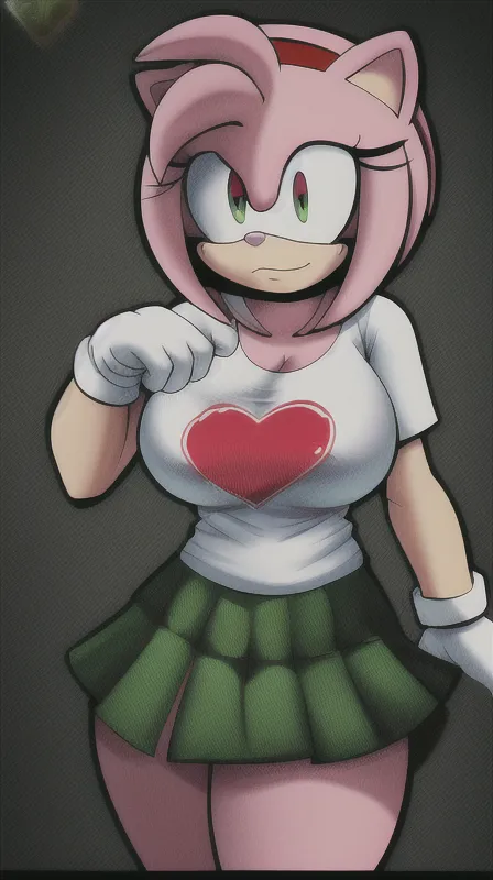 The image is of Amy Rose, a character from the Sonic the Hedgehog series. She is depicted as a young woman with pink fur, green eyes, and a heart-shaped symbol on her chest. She is wearing a white shirt, a green skirt, and white gloves. She is also wearing a pair of cat ears and has a tail. She has a confident expression on her face and is looking at the viewer.