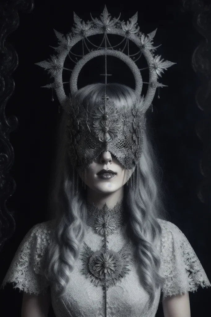 The image is of a woman wearing a white dress with a silver mask over her eyes. The mask is made of intricate silver filigree and has a floral design. The woman's hair is long and white, and she is wearing a silver crown. The background is black, and the woman's face is the only thing that is illuminated. The image is dark and mysterious, and it has a slightly gothic feel to it.