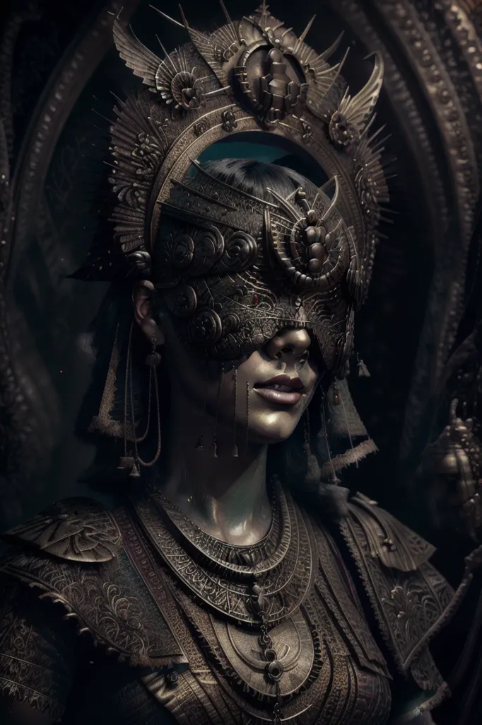 The image is a dark portrait of a woman wearing an elaborate headdress and mask. The headdress is made of gold and silver and is decorated with intricate designs. The mask is also made of gold and silver and covers the woman's eyes, nose, and mouth. The woman's skin is dark and her hair is black. She is wearing a dark dress that is covered in jewels. The background of the image is black and there is a spotlight shining on the woman.