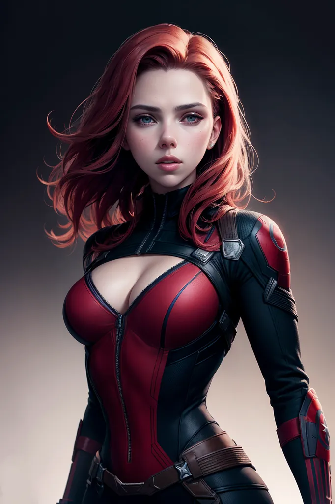 A imagem é de uma mulher com cabelos vermelhos, olhos azuis e uma figura curvilínea. Ela está usando um body vermelho e preto com um decote profundo e um colarinho alto. O traje tem um cinto utilitário e um emblema no ombro esquerdo. A mulher está de pé com os ombros para trás e a cabeça ligeiramente inclinada para a direita. Ela tem uma expressão confiante no rosto.