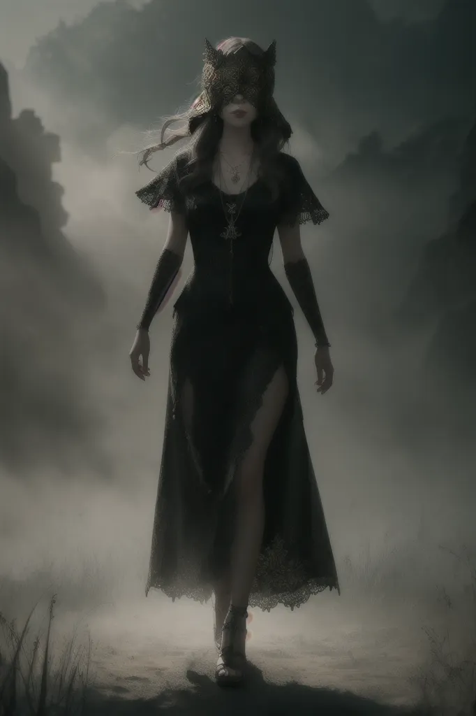 The image is of a woman wearing a black dress with a high collar and a black mask. The dress is made of a sheer material and has a slit up the side. The woman is also wearing black gloves and boots. She has long white hair and her eyes are a piercing blue. The woman is standing in a dark, foggy forest. There are ruins of a castle in the background.