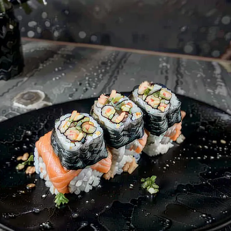 La imagen muestra un plato con tres rollos de sushi. Los rollos están hechos con salmón, pepino, aguacate y arroz. Están cubiertos con una capa de caviar negro de tobiko. El plato está decorado con unas ramitas de perejil. El fondo es una mesa de mármol oscuro.