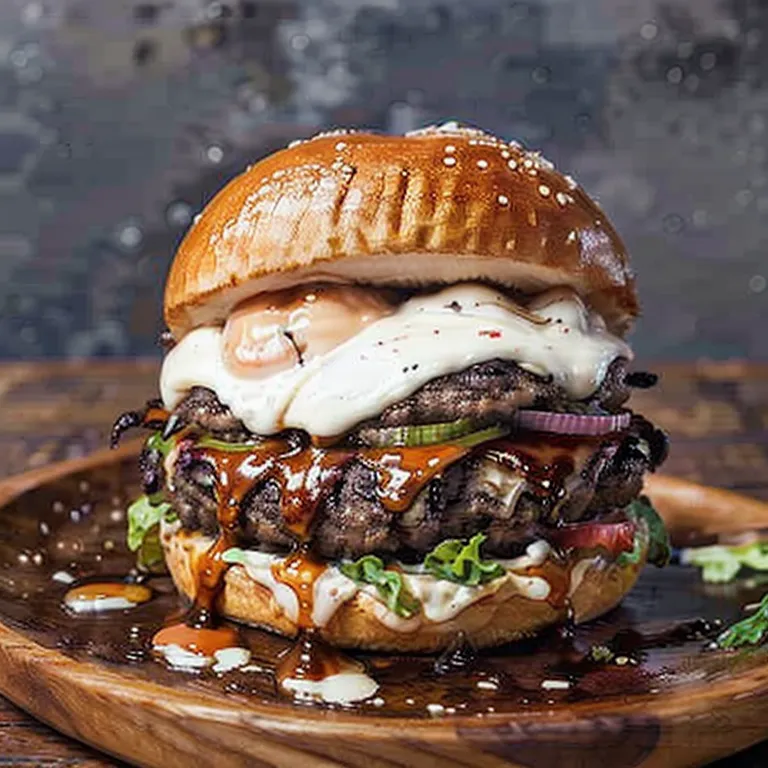 This is a photo of a hamburger on a wooden plate. The hamburger has two beef patties, with melted cheese over the top of the patties. There are also caramelized onions, lettuce, tomato, and pickles on the burger. The bun is sesame seed bun. The burger is served with a side of barbecue sauce.