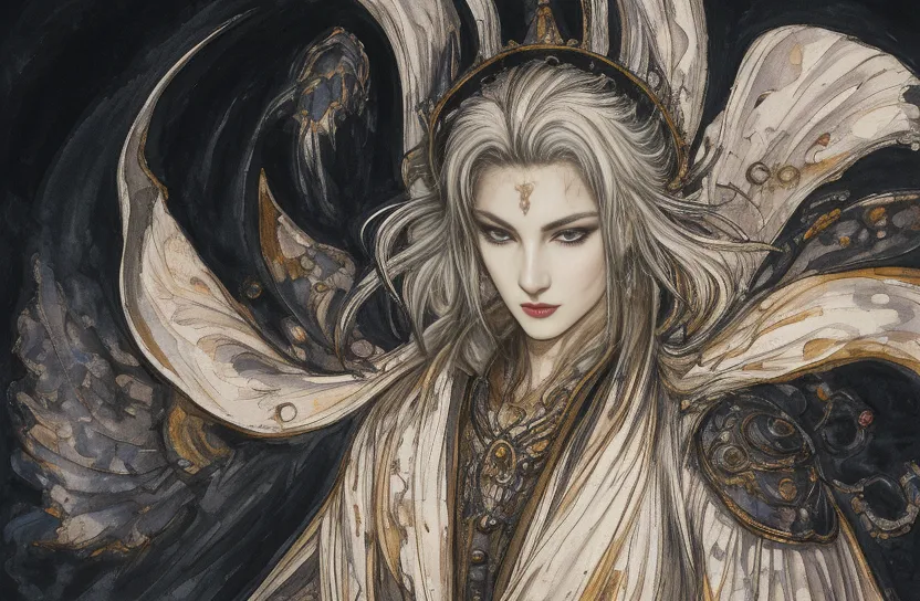 The image is a painting of a beautiful young man with long white hair. He is wearing a white robe with gold trim and has a gold crown on his head. He has a serene expression on his face and is looking at the viewer. The background is dark with swirling clouds.