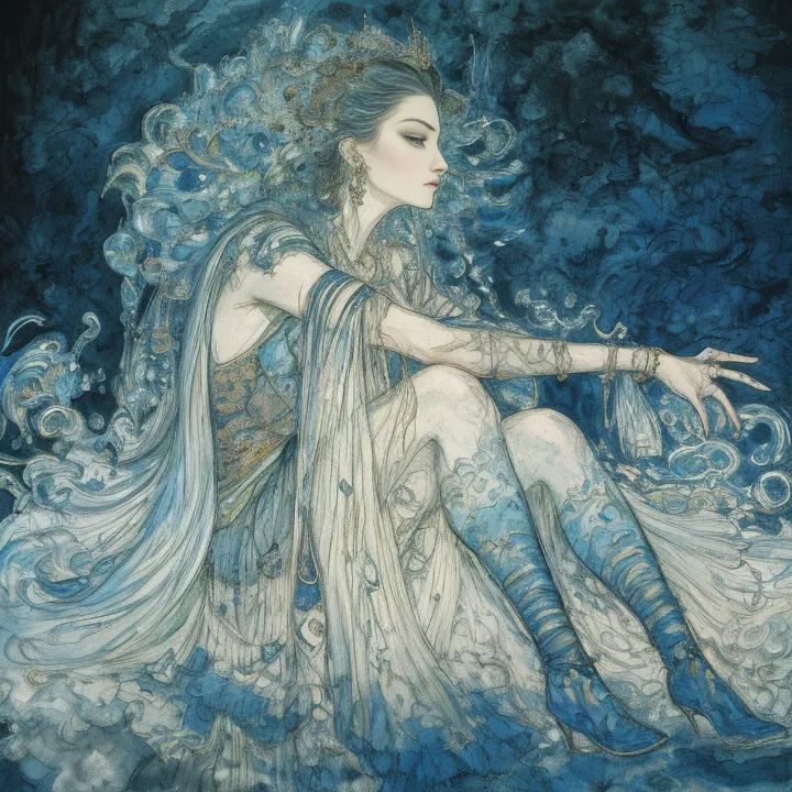 The image is a painting of a woman who appears to be a deity of some kind. She is sitting on a wave of water and is surrounded by a blue, watery background. The woman is wearing a white dress and has long, flowing hair. She is also wearing a crown and has a serene expression on her face. The painting is done in a realistic style and the artist has used a variety of techniques to create a sense of depth and realism.