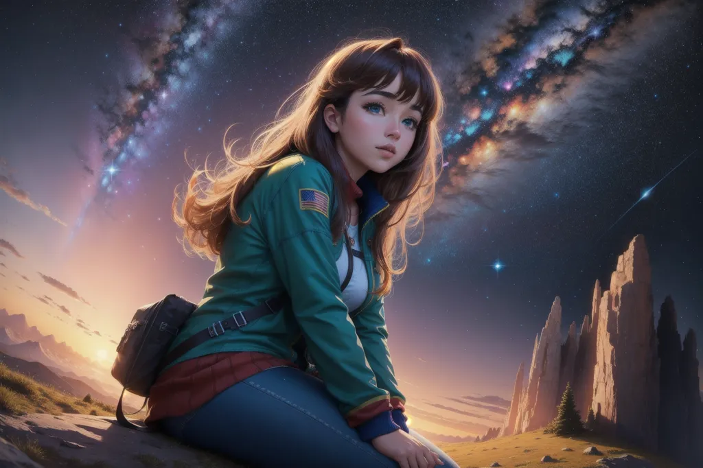 The image is a painting of a young girl sitting on a rock in front of a mountain range. The sky is dark, and there are many stars in the sky. The girl is wearing a green jacket and blue jeans. She has long brown hair and blue eyes. She is looking at the stars. There is a large rock pillar in the background.