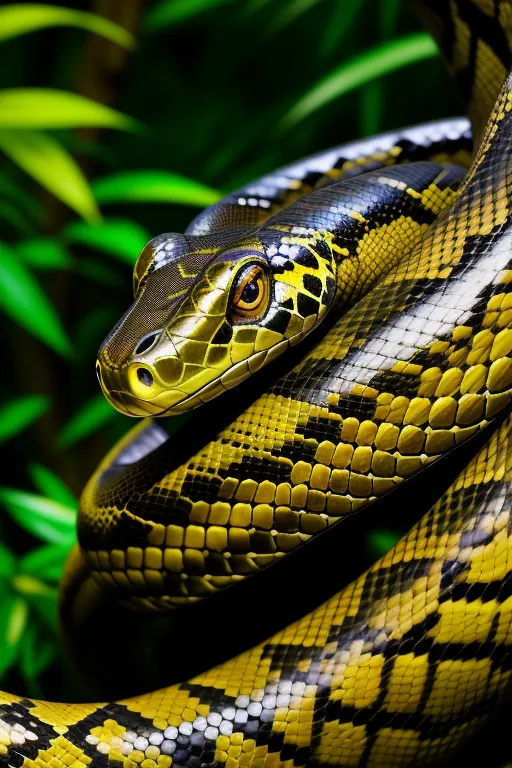 L'image montre un serpent vert vif enroulé sur lui-même avec la tête relevée. Les écailles du serpent sont un mélange vibrant de jaune, de noir et de blanc, et ses yeux sont d'un jaune profond et perçant. Le serpent est entouré d'un feuillage vert luxuriant, ce qui crée un contraste saisissant avec ses couleurs vives. Le corps du serpent est recouvert de motifs complexes, ce qui lui donne une apparence unique et frappante.