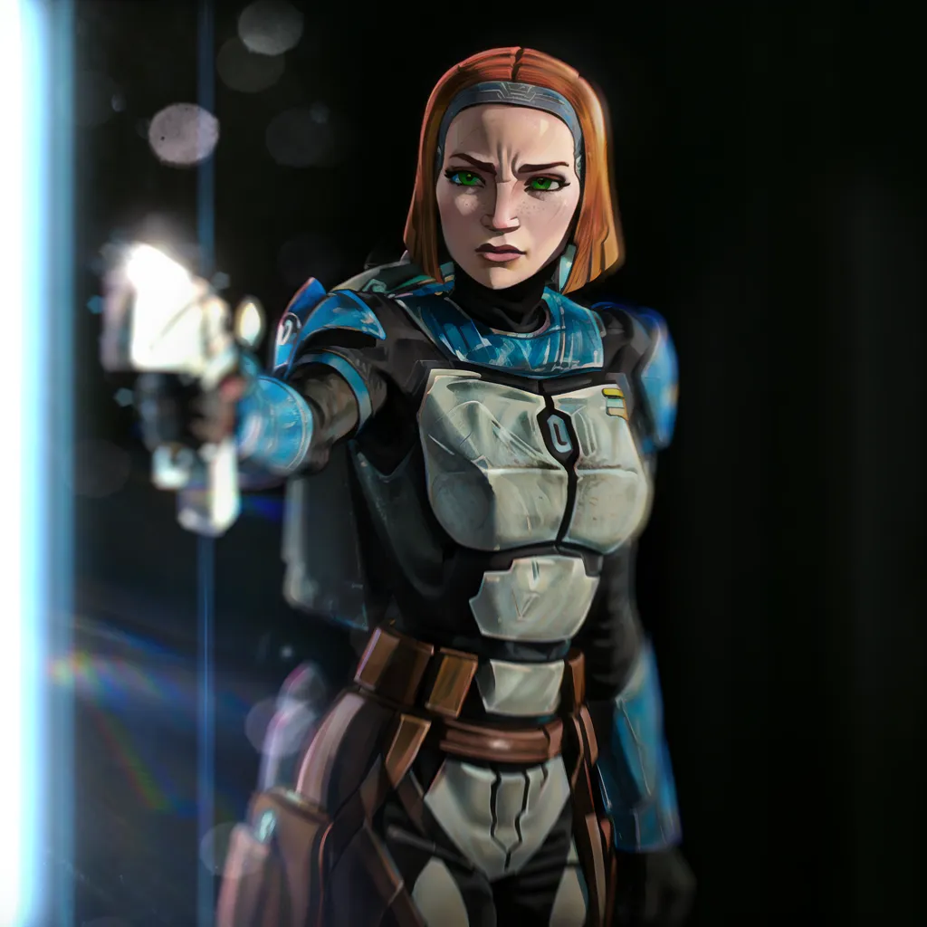 This is an image of a female Mandalorian. She is wearing a blue and gray Mandalorian armor with a jetpack on her back. She has a blaster pistol in her right hand. She has red hair and green eyes. She is standing in a dark place with a bright light on her left side.