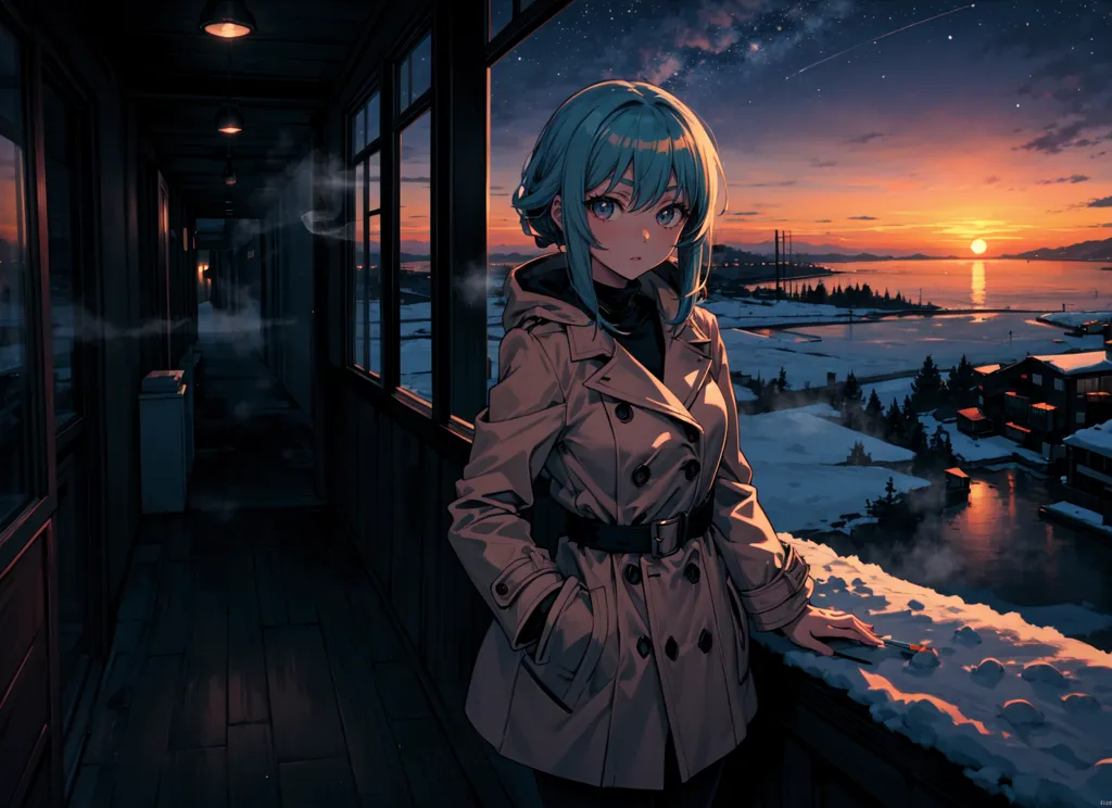 The image is a painting of a young woman standing on a balcony, looking out at a snowy landscape. The woman is wearing a tan trench coat with a black turtleneck sweater underneath. She has blue hair and blue eyes. The balcony is surrounded by large windows, and there is a door to the left. The snow is falling heavily, and the trees are bare. The sky is a dark blue, and there are a few stars in the sky. The overall mood of the painting is peaceful and serene.