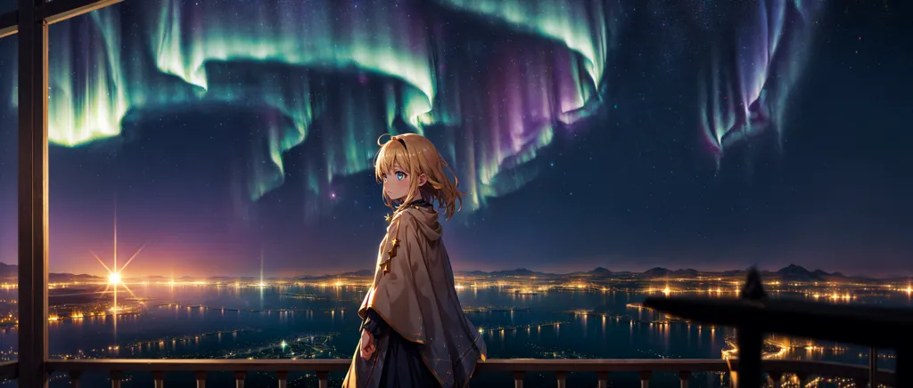 The image is a beautiful landscape of a girl standing on a balcony, looking out at the night sky. The sky is filled with bright, colorful auroras. The girl is wearing a white dress with a blue sash, and her hair is long and flowing. She is leaning on the railing of the balcony, and her eyes are closed. The city in the background is lit up by the lights of the aurora, and the water in the foreground is reflecting the light. The image is peaceful and serene, and it captures the beauty of the night sky.