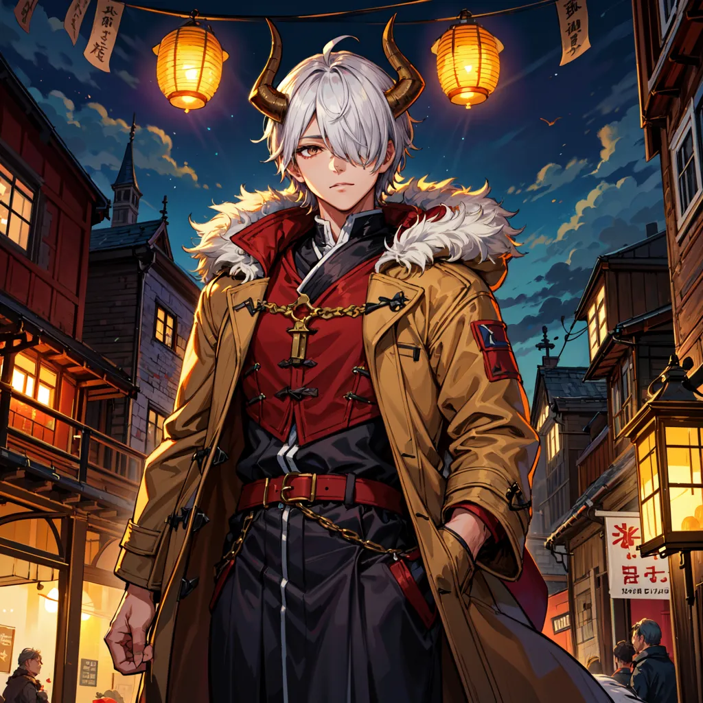 The image shows a young man with white hair and horns standing in a street with traditional chinese architecture. He is wearing a brown coat with fur trim, a red vest, and a white shirt. He has a serious expression on his face and is looking at the viewer with his hand in his pocket. There are people walking in the background and lanterns hanging from above. The overall style of the image is anime or manga.