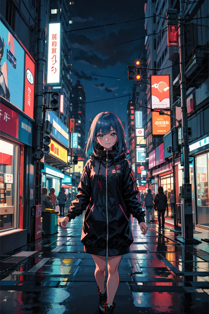 The image is a portrait of a young woman standing in a city street at night. She is wearing a black jacket and blue hair. The street is lit by neon lights and there are people walking in the background. The woman is looking at the camera with a serious expression.