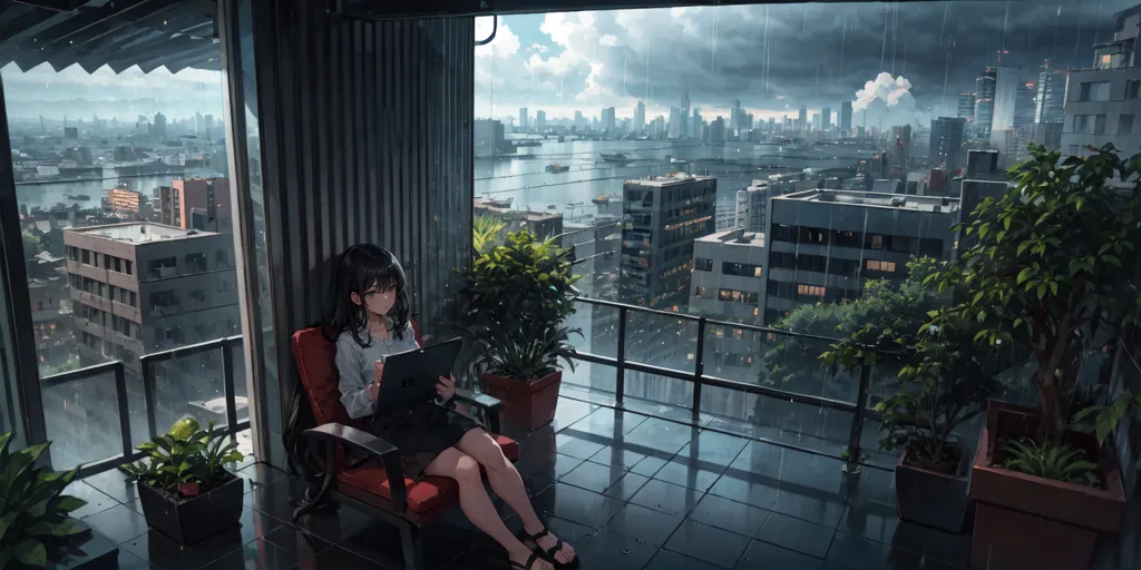 A girl is sitting on a chair in a room with large windows. She is wearing a white shirt, gray skirt, and red sandals. She has long black hair and is reading a book. There are potted plants and a small table next to her. The room is decorated in a modern style with light gray walls and dark gray floors. Outside the windows is a rainy cityscape with tall buildings and a river in the distance.