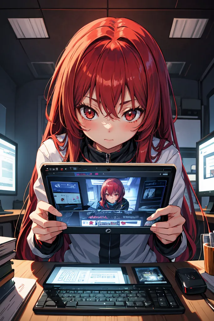 The image shows a young woman with long red hair sitting at a desk in an office. She is wearing a white lab coat over a black shirt. The woman is looking at a tablet in her hands. The tablet shows a video call. The woman on the call has the same appearance as the woman holding the tablet. The background of the image shows several computer monitors and a laptop on the desk.