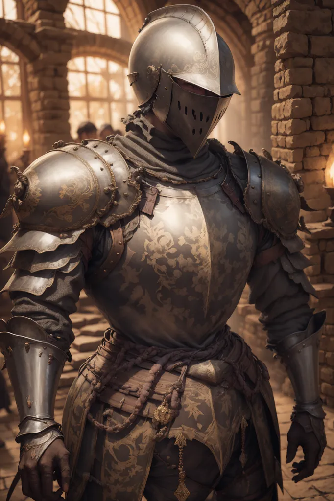 The image shows a knight in full plate armor. The armor is made of steel and has a floral pattern etched into it. The knight is wearing a helmet with a visor and a chainmail gorget. He is also wearing gauntlets and greaves. The knight is standing in a stone building. There are two torches on the wall behind him.