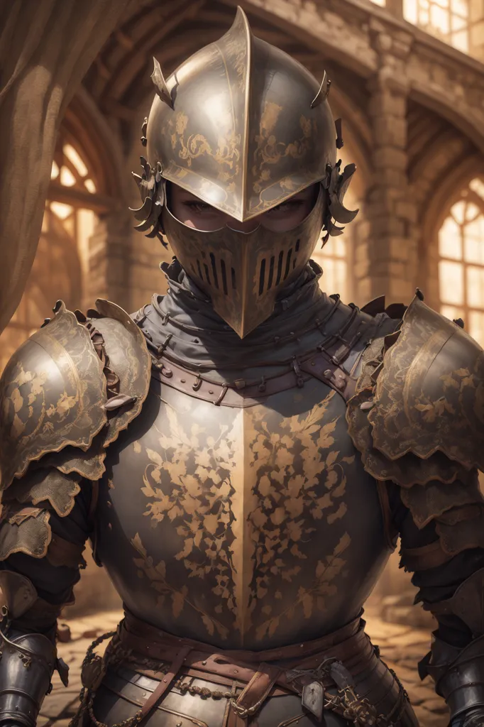 The image shows a knight in full armor. The knight is wearing a helmet with a visor that is up, revealing a woman's face. The armor is made of metal and has a floral pattern etched into it. The knight is also wearing a brown leather belt and has a sword sheathed at their hip. The background of the image is a stone wall with a large wooden door on the left.